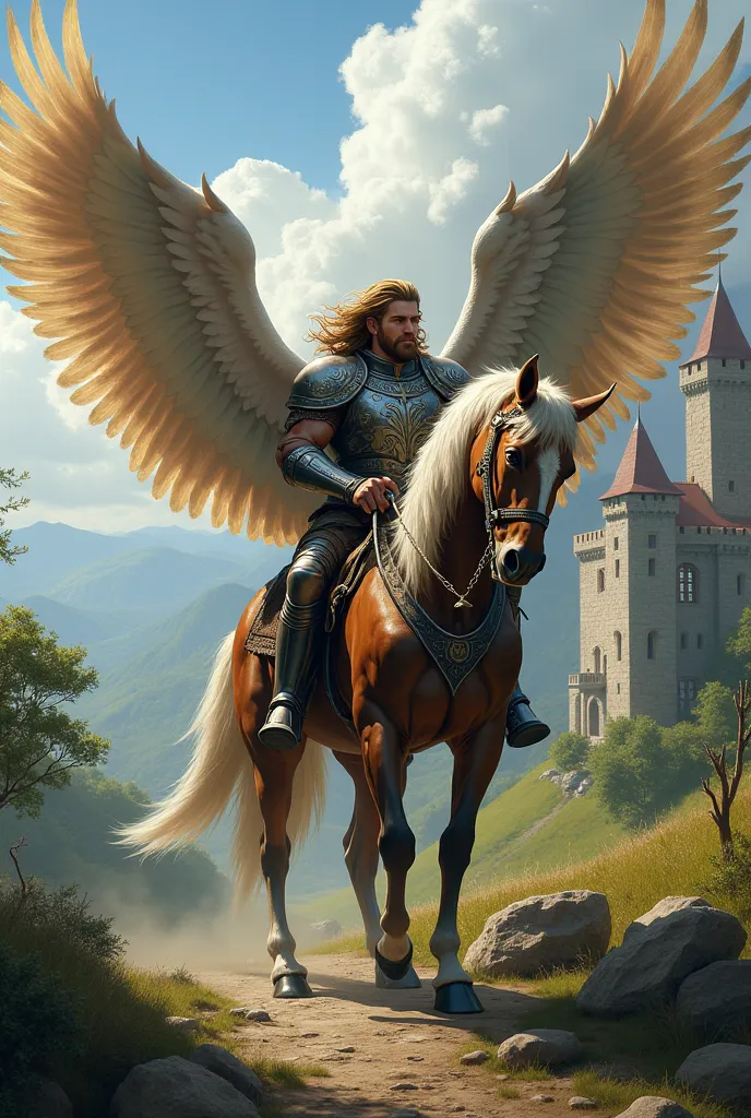 Create a centaur from Greek mythology, moiety 
Man and half horse, with huge wings, make him clothed in medieval armor, Play in a medieval setting 