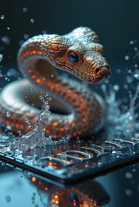 3d art, seni airbrush, close-up, COBRA snake crawls out of tablet/mobile, splashes of water in tablet, look dangerous and attractive, snake shell set with written words " Your name ", reflection effect metallic large letters 3D underneath creating it, Vene...