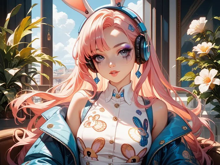 Woman beauty, manhwa style, a lot of details, good detailing, beautiful makeup,, eyelashes, expression, full view, hairstyle, long colored hair, textured. Aesthetic. Colorful. sitting on chair　Headphones rabbit print clothes
