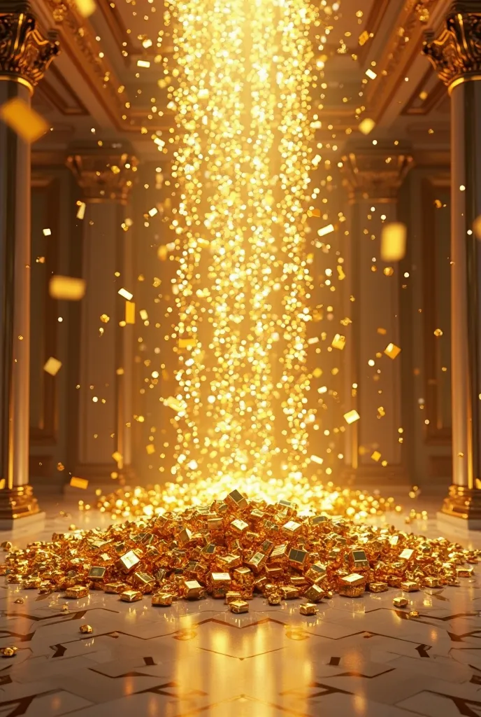 "An indoor scene of a house where a shower of gold bars is pouring in, filling the room with wealth and luxury, creating a surreal and opulent atmosphere."