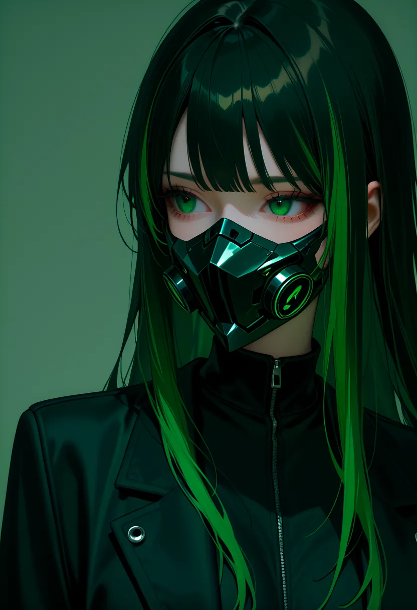 1 female, long hair, black hair with dark green highlights, dark green eyes, black mask, wearing a black jacket.