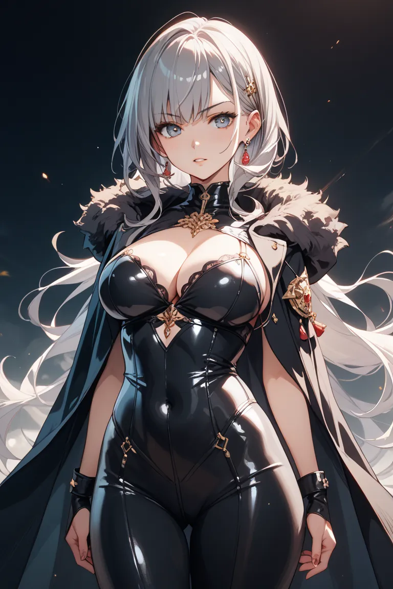 black bodysuit、Big Breasts、 black cloak with scabbard、long straight gray hair、 Evil Female Executives、Tempting、less exposure、 provocative