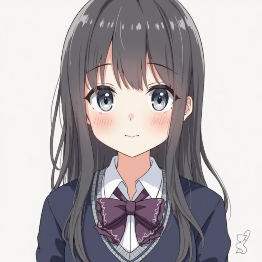 A girl, a female, about , has long and tidy hair, her eyes are a little big and slightly grayish blue, white skin, a small smile . A uniform school uniform, a white shirt, a navy sweater with small edges that are slightly inclined to dark purple, a medium-...