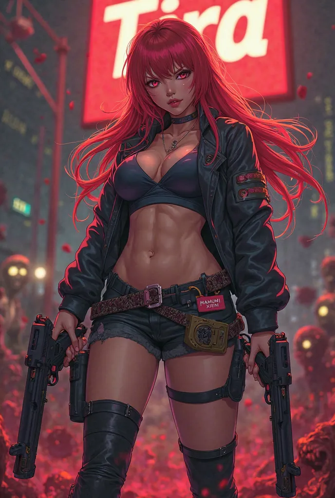 long red hair, full sexy body, anime cute badass girl, holding two guns, zombie apocalypse theme with zombie and TIRA background logo everywhere, visible big name tag MAYUMI XIENT on belt, 