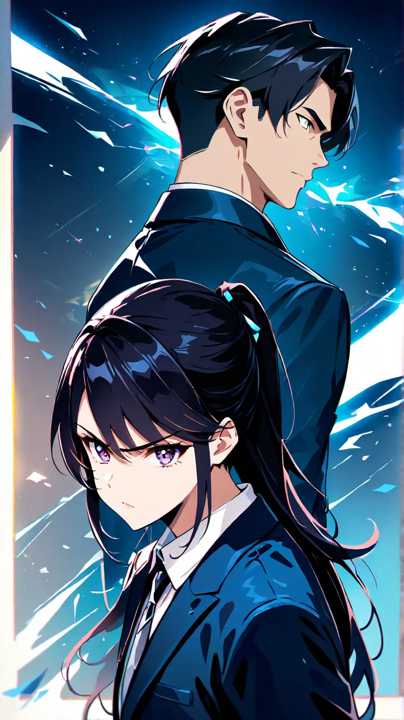 A 27-year-old man, Looking straight ahead at the camera,with short black hair and cool, a stylish young man, wearing a tight tie, smartly dressed in a dark blue suit, exuding an intelligent and calm aura, but with a hint of a tsundere expression, no backgr...