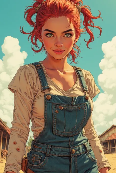 A beautiful young sexy slim redhead cowgirl wearing only jeans overalls. Her big breast overflows from the overalls. ((Nsfw)). ((Double braided ponytail)). Nude under overalls.