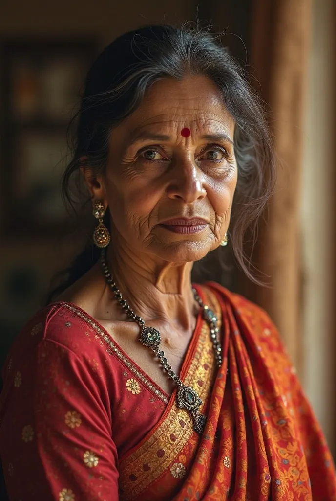 hot Indian aunt, portrait, older Indian woman,  serious expression, dark haired, traditional dress, jewelry,  confident pose,  blurred background, warm light, golden tones, Fine details,  digital art, oil painting, 4k, ultra detailed, realistic, studio lig...