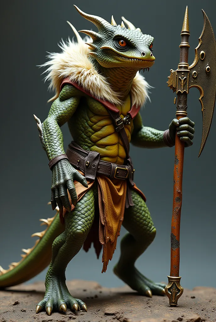 A troglodyte (reptilian Storm) with draconic scales and sharp fangs, without horns and without beard, wearing a fur gibbon and using a war axe with gold details. Make sure to make the body proportionately 