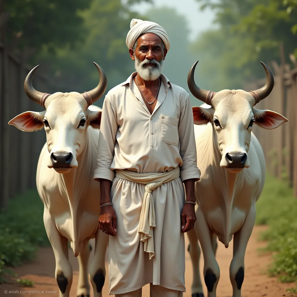 No beard, marathi 50 year old village man. Clean shave. Wears Dhotar and white kurta. White topi on head. with his big highted white colour two bulls.maharahstrian man, maharashtrian village 