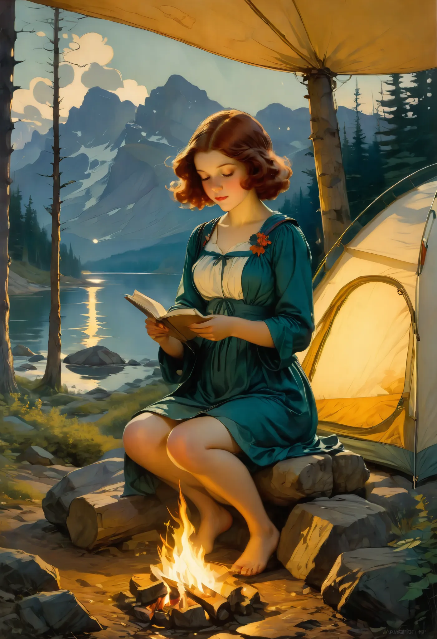  outdoor camping , por Jessie Willcox Smith, best quality, masterpiece, very aesthetic, perfect composition, intricate details, breasts