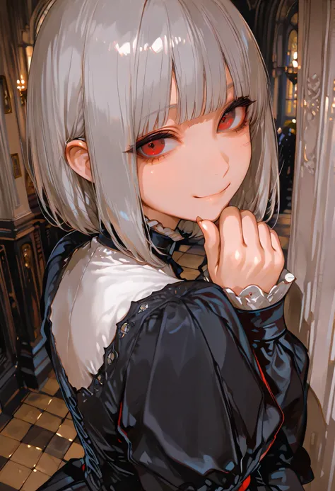 (masterpiece:1.3), (8k、best quality:1.3), (1 girl), (Alone), (cute, little:1.3), (very cute face:1.3), (beautiful faces with perfect symmetry), (perfect anatomy), ( High Detail Skin ), Anime girl rendering , Beautiful silver bob cut, Dark red eyes , Strong...