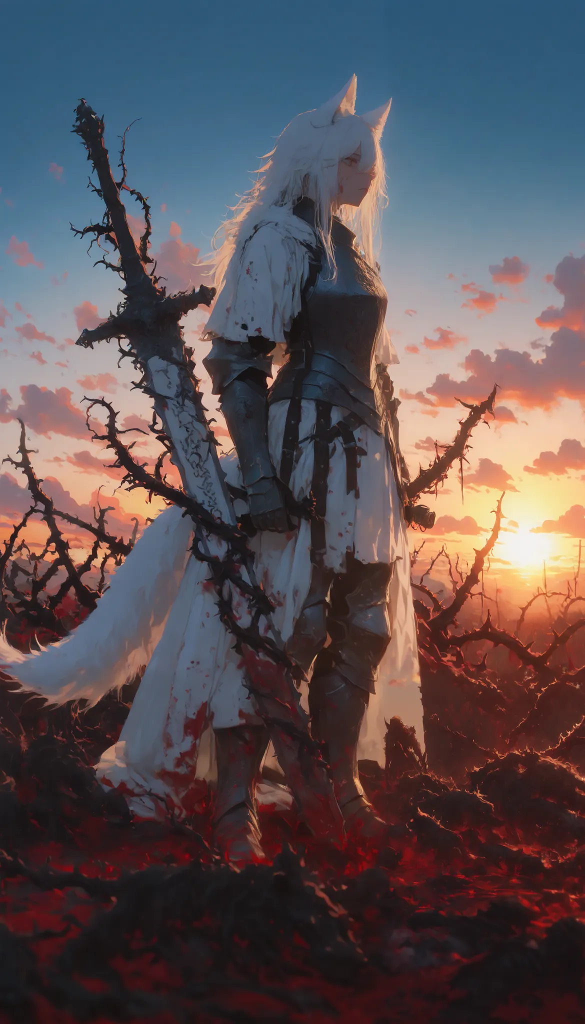 heavy armor,clear sky,Game of luses,sunset,artistic contrast.white wolf.thorns,blood.masterpiece,the best quality,newest,absurdres,highres