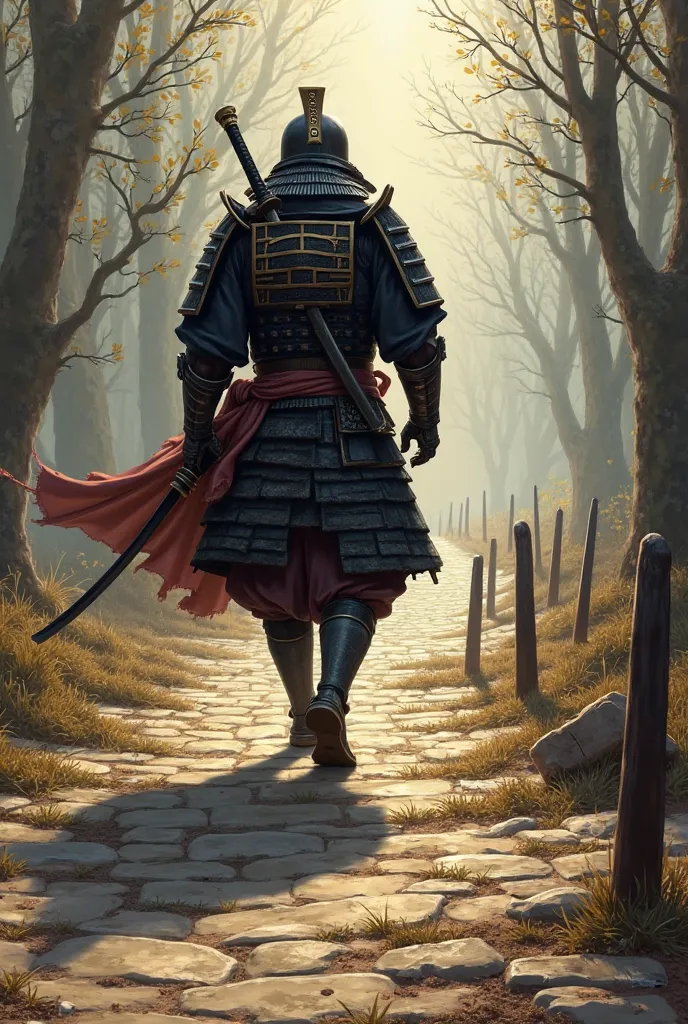 Samurai walking on a cobblestone road , Around spikes ,  on his back, Raphael style 