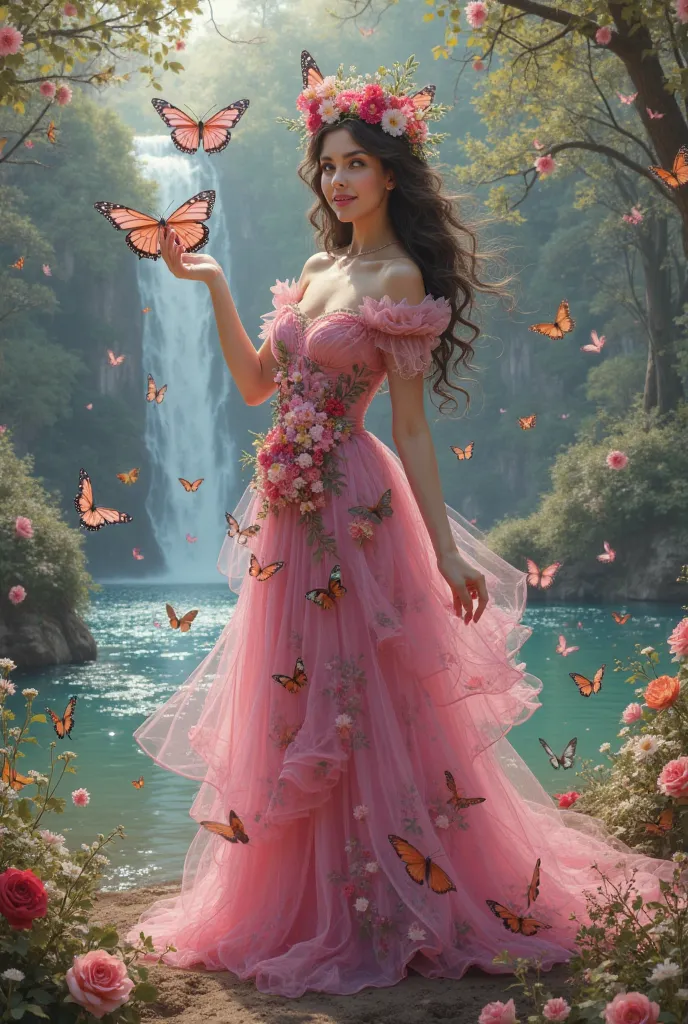 Create a beautiful professional full body painting of a 25-year-old woman, very white skin, european, dark brown hair , with a long strong fuchsia dress of flowers and butterflies with boleros on the edges, on his head he wears a wreath of flowers with but...