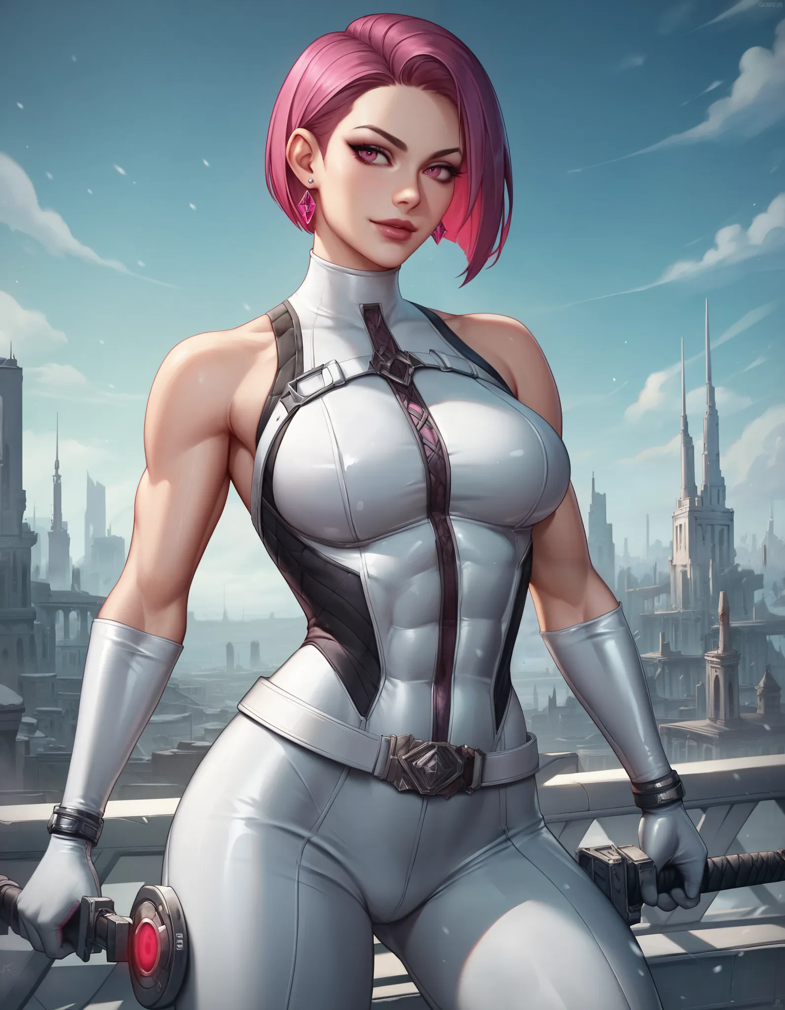 female white sleeveless latex bodysuit, white belt, white long tight pants, racerback, bare shoulders, long elbow gloves, white gloves, toned arms, beautiful faces, teal short hair, sleek bob cut, earrings, soft smooth skin, pale skin, city snow background...