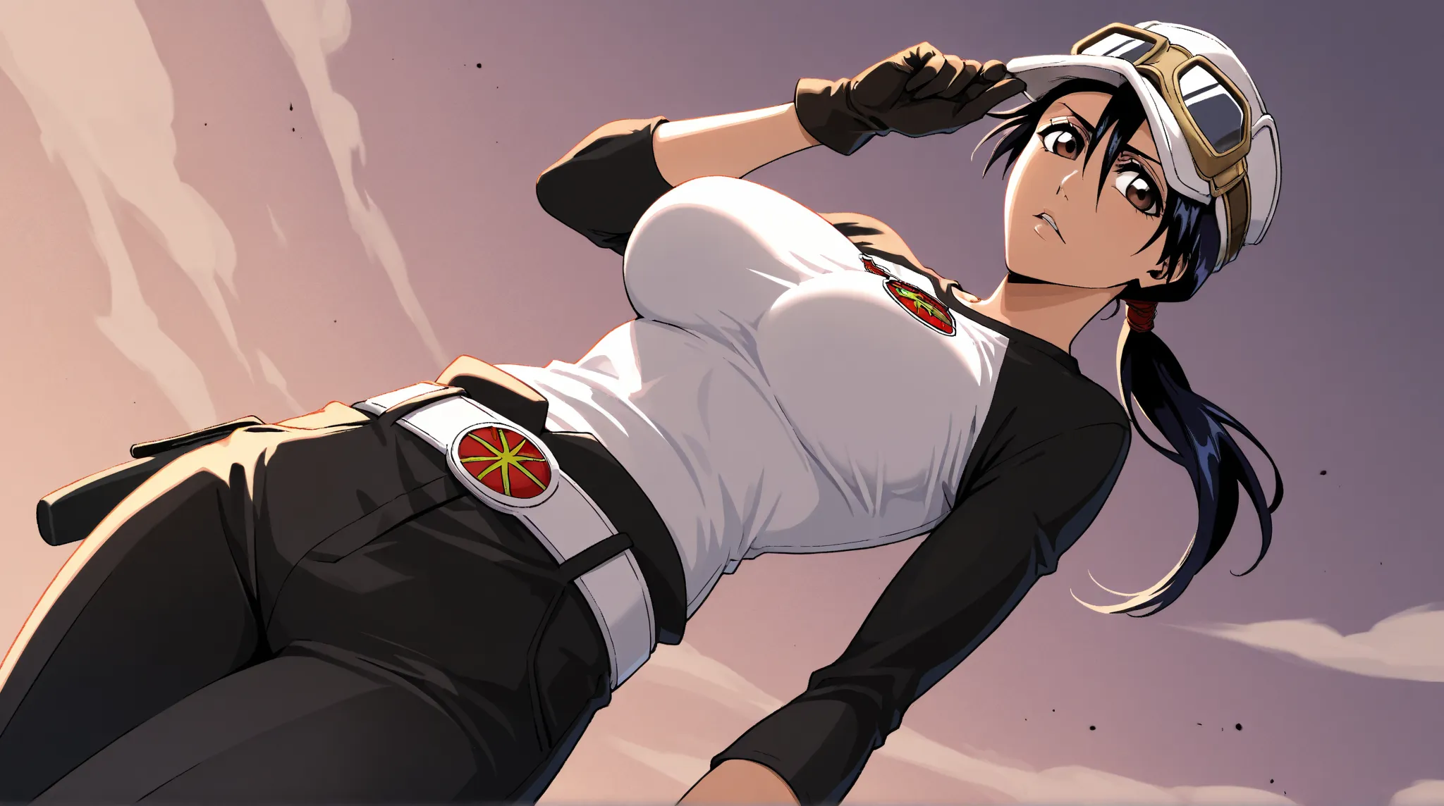 Unagiya ikumi,BLEACH,1girl,solo,large breasts,black hair,brown eyes,tshirt,gloves,hat,ponytail,black gloves,belt,black pants,goggles,raglan sleeves,
