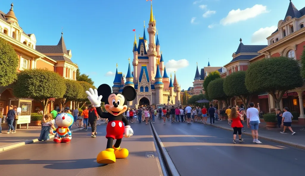 A breathtaking, hyper-realistic scene of Disneyland Park on a bright, sunny day with a vivid blue sky. The majestic Disneyland Castle stands tall at the center, glowing with enchanting details, while the entire park is bustling with life.

Mickey Mouse wav...