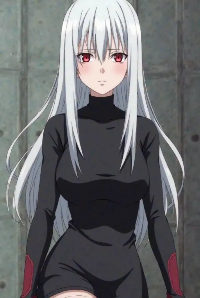 Naruto shippuden screencap of a female with straight long white hair,white skin color, red eyes mangyeko sharingan,heart face shape,has a scar under her eye, wearing black gloves  and black body suit
A thight skirt and has a bandage on her thigh. Pierrot s...