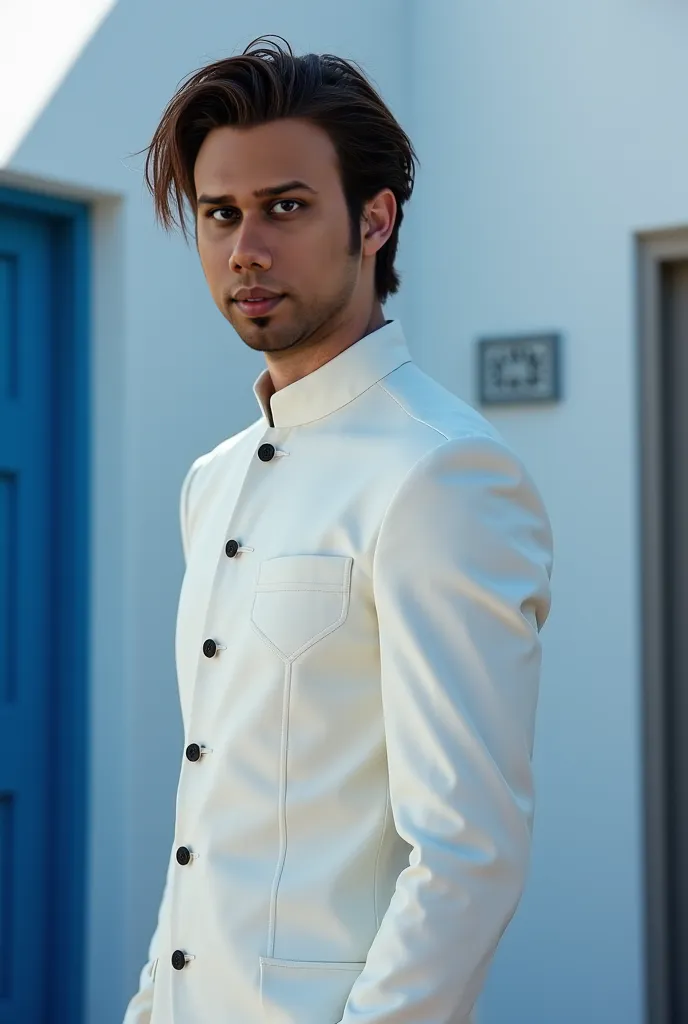 A charming, medium-built handsome man with piercing brown eyes and a captivating face stands in a sharply tailored suit white kurta, exuding refined style. His dark, windswept hair and soft, directional lighting accentuate his captivating features and the ...