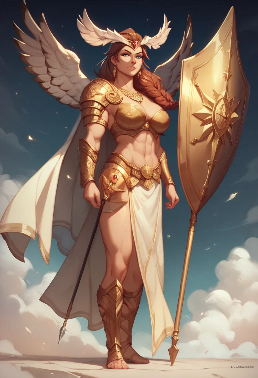 Extremely Beautiful Is powerful goddess Athena the goddess of wisdom and warfare with busty ample bosom wearing a bright golden warrior armor, spear, shield, owl on her shoulder, standing, full body (background on the Greek pantheon battlefield with Zeus)