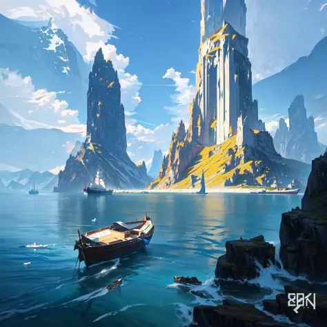 there is a boat that is floating in the water near a mountain, pristine concept art, concept art 8 k, 8 k high detail concept art, detailed 4k concept art, concept art. 8 k, highly detailed concept art, 8 k concept art, 8k concept art, concept art 8 k reso...