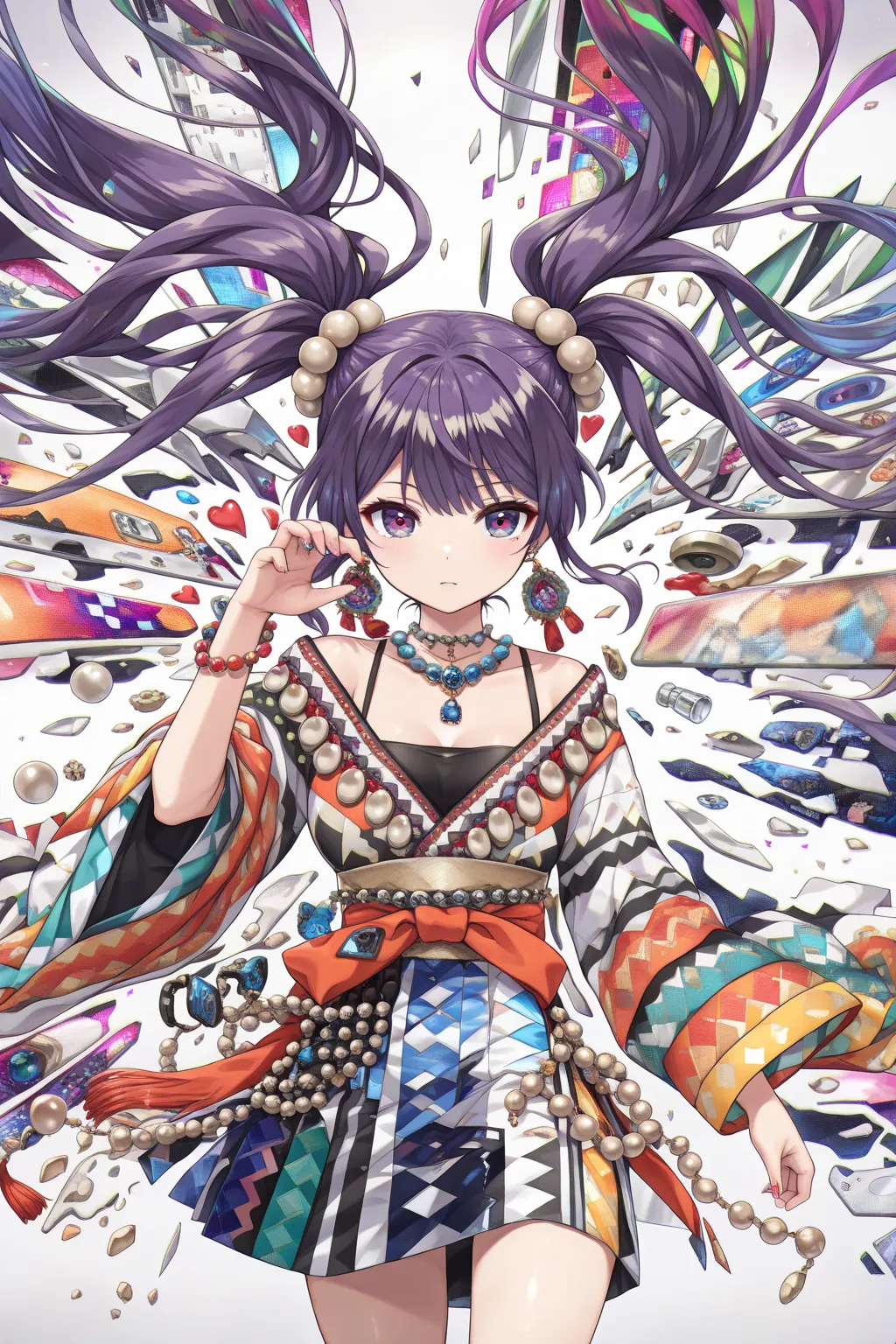 (absurdres, highres, ultra detailed), (1girl:1.3), twintails, purple hair, BREAK , glitch art, digital distortion, pixelated fragments, data corruption, colorful noise, visual chaos, contemporary aesthetics BREAK , enamel art, glass-like surface, vibrant c...