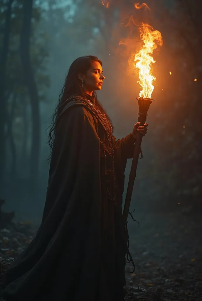 A man or woman holding a burning torch in the dark, lighting the way for others, Ultra realistic cinematic HDR lighting, resolution 8k.


