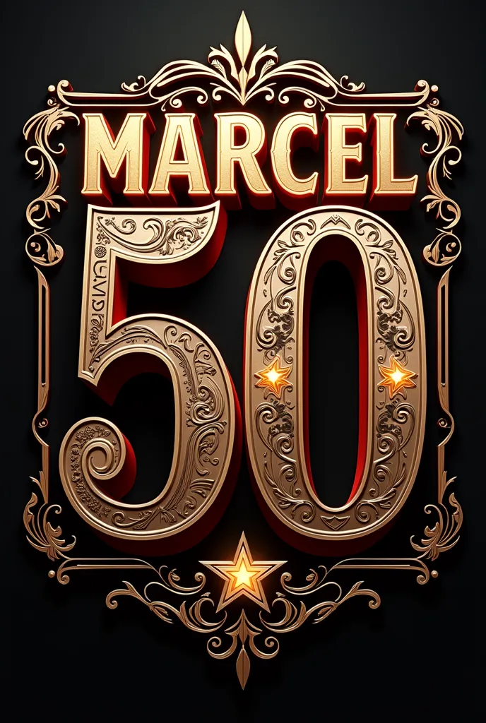 Design a (((bold and striking sign with the text MARCEL 50, featuring intricate details in a sleek, modern yet classic rock style))), incorporating a blend of warm, inviting tones and bold, eye-catching colors that evoke a sense of timeless elegance,vector...