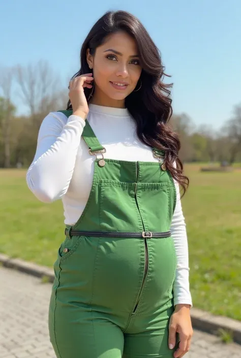 A pregnant woman stands in an outdoor setting with a clear blue sky and grassy fields in the background. She has a stylized face with expressive eyes, subtle makeup,Her wavy dark- brown hair cascades over her shoulders.She is dressed in a white turtleneck ...