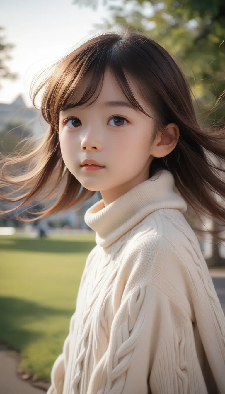 (top quality, ultra high resolution, realistic:1.2), (very young girl:1.5), (very young body:1.7), Japanese Beauty Is Super Existent, lovely face, beautiful eyes, sweater, Hair blowing in the wind, (you are too close:1.2), from side, face, park