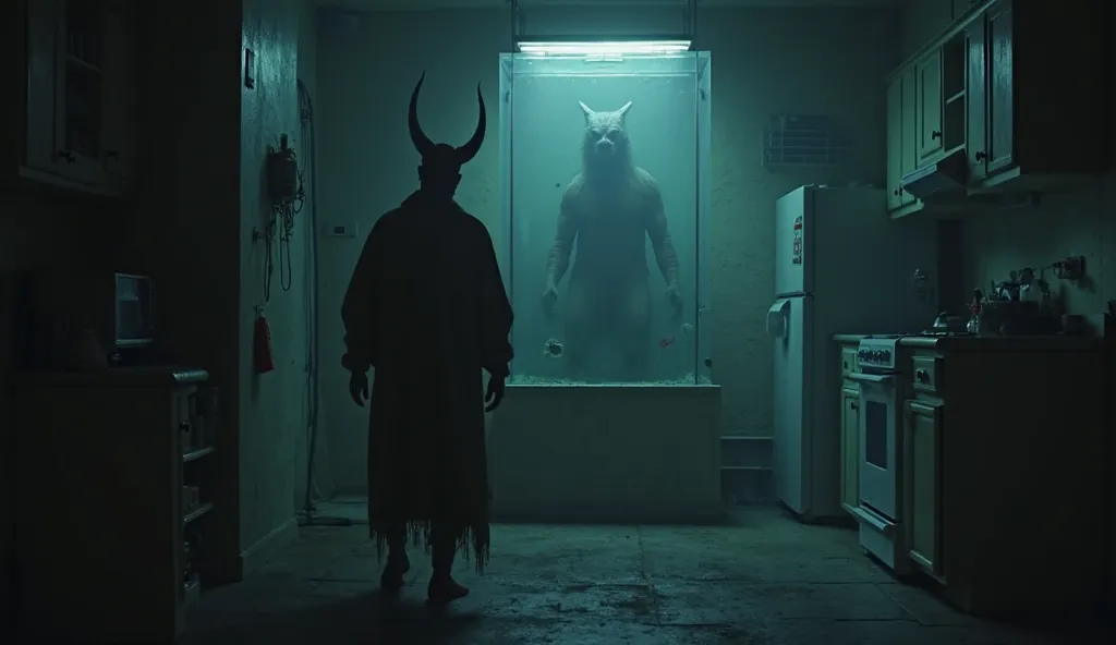 "Dive into the chilling abyss of this horror tale with a haunting 4K image—click to unveil the terror! Picture a shadowy kitchen, an eerie aquarium prison, and a menacing horned figure lurking in dim, muted tones. No bright colors, just raw, unsettling dre...