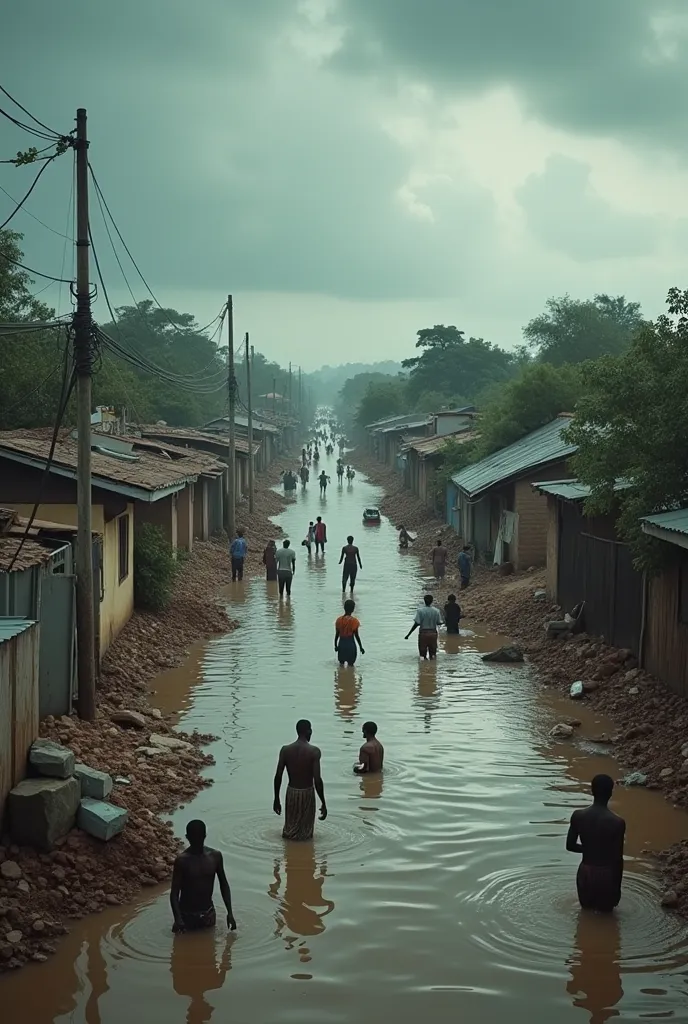 An image depicting the theme of natural disasters with the text 'Natural Disasters—When Will They End?' integrated into the scene. The image should show the aftermath of a massive flood in Nigeria, with entire neighborhoods submerged in water. Include sad,...