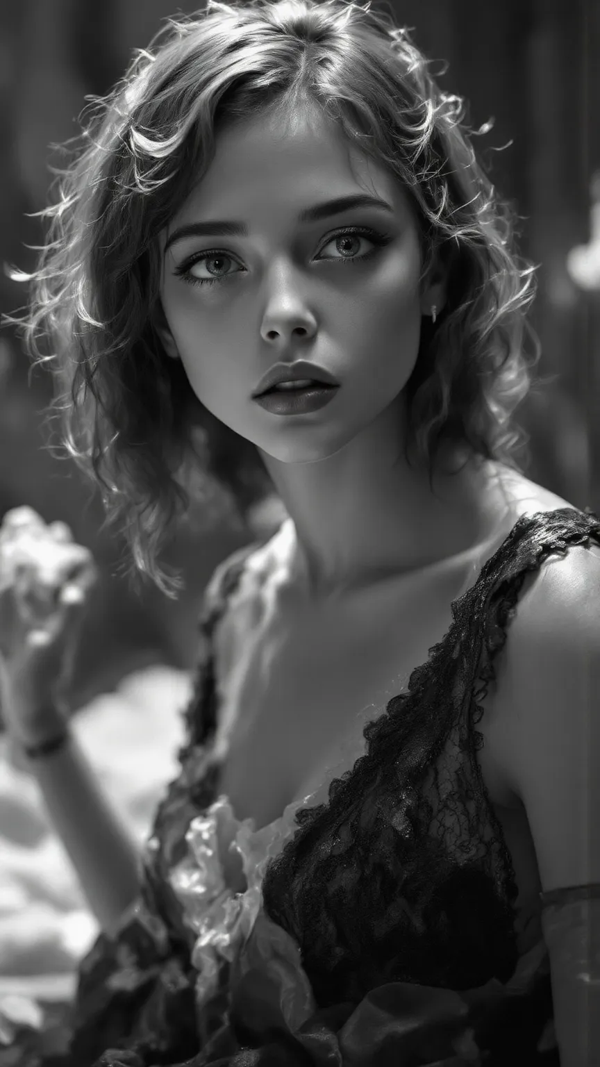 8k, Masterpiece, Top Quality, Close-up, slightly low-angle, A cinematic 1930s style black and white photo of 1930s young  girl age15, gorgeous face, petite, slim and skinny body, black revealing lace dress, cinematic hollywood lighting, black and white. Mo...