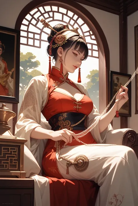 ancient Chinese empress, sitting posture, holding string instrument, ornament on head, looking down at the camera, detailed portrait, high quality, intricate details dramatic atmosphere, warm color palette, oil painting, masterpiece, ultra-detailed, vivid ...