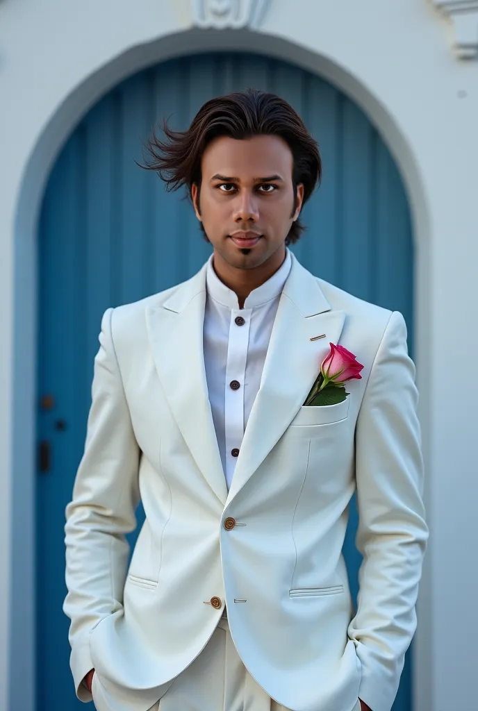 A charming, medium-built handsome man with piercing brown eyes and a captivating face stands in a sharply tailored suit white kurta, exuding refined style. His dark, windswept hair and soft, directional lighting accentuate his captivating features and the ...