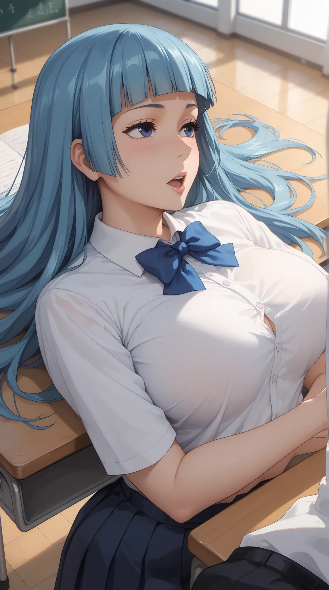 ,quality_ masterpiece,  anatomically accurate in the back,  is embarrassing ,  is embarrassing 表情)、nsfw、1boy , 1girl 、big boobs、 large breasts,throw, from directly above、、True Face、 Symmetry、lying down、、School Classroom、On the desk,Kasumi, blue hair, long ...