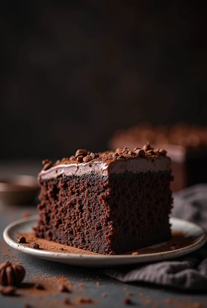 cinematic film still chocolate, chocolate cake, dark background, quality photo, moist texture, frosting, studio photo, slice . shallow depth of field, vignette, highly detailed, high budget, bokeh, cinemascope, moody, epic, gorgeous, film grain, grainy