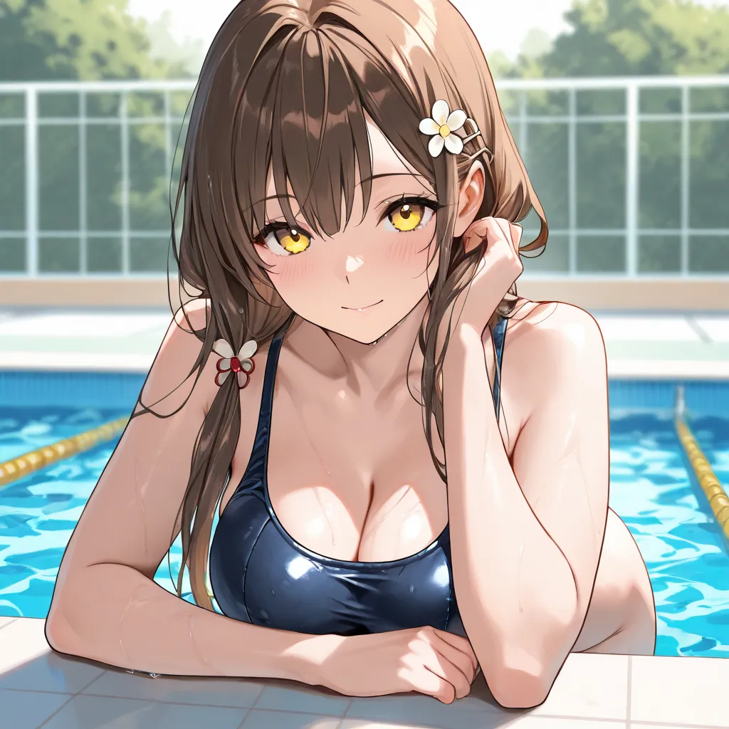 NSFW,masterpiece,Best Quality,Hi-Res,very detailed,brown hair、long hair、yellow eyes、hair ornaments close to the garden、Hair ties,school swimsuit, pool, NAKED