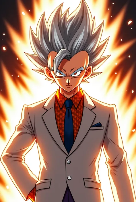  a digitally illustrated anime-style character goku from dragon ball super with silver-white spiky hair, wearing a stylish suit. The character exudes power and intensity, with glowing eyes and a serious expression. The suit consists of a white blazer, an o...