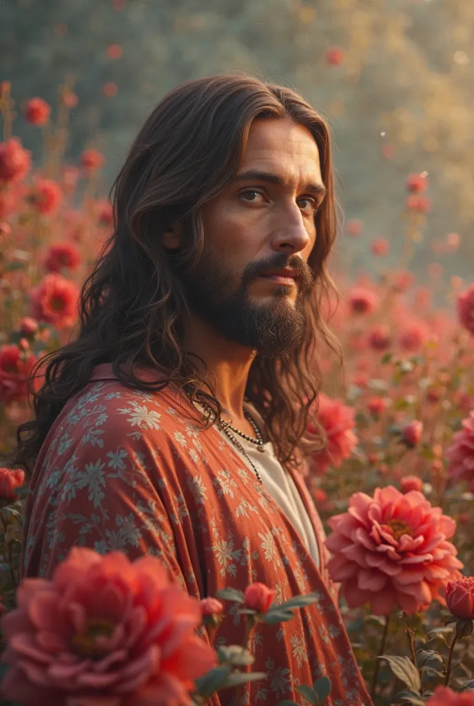 create an image of Jesus Christ looking at the camera, Realistic,  cinematic, With a flower theme representing the 8th/03 International Women's Day, I&#39;m 8k,  with attention-grabbing colors , in high definition and high resolution.