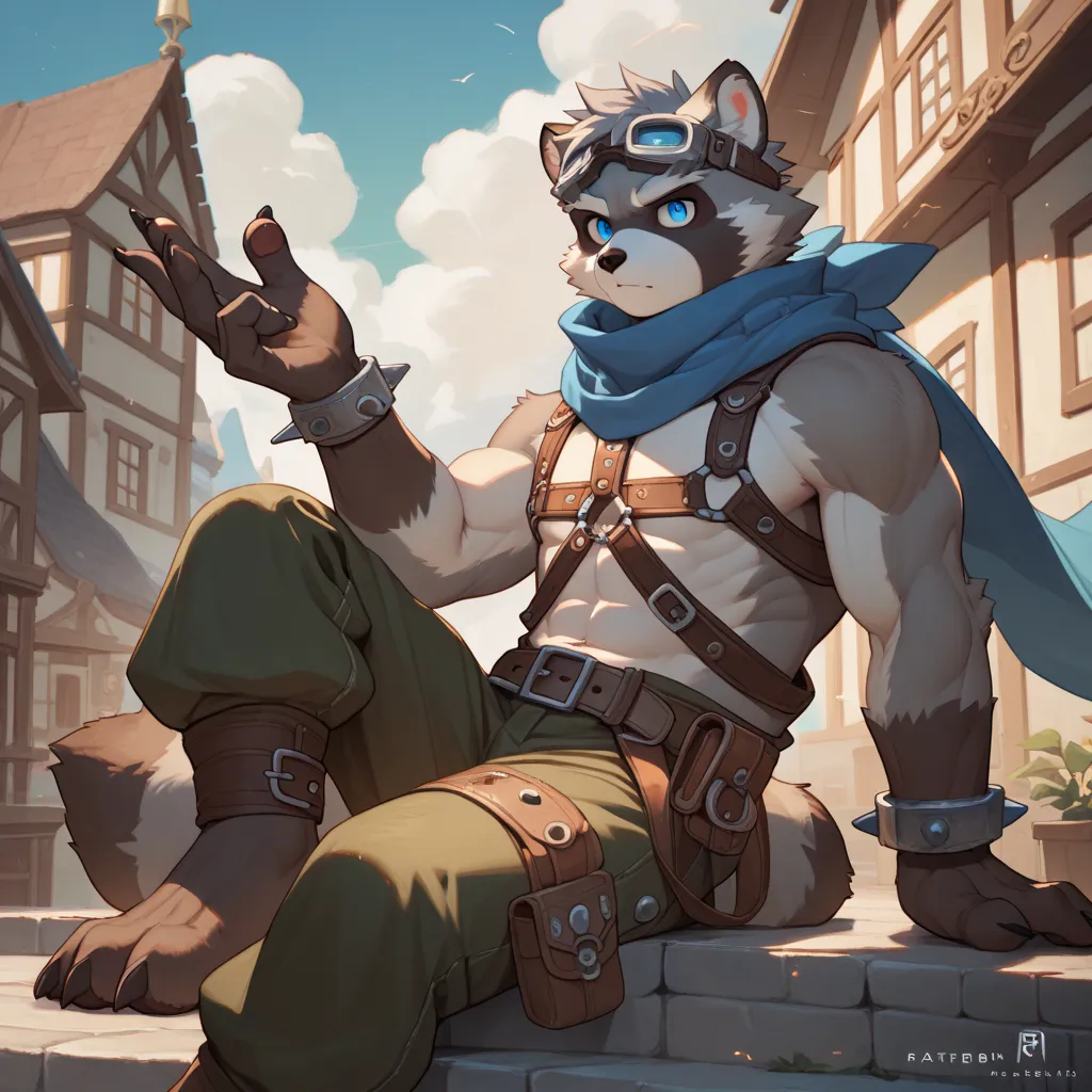 solo, furry, kemono, raccoon, grey body, spiked grey hair, Detailed body fur, long blue scarf, leather_harness, dark brown baggy pants, goggles, masterpiece, gray body, Detailed face, big eyebrows, blue eyes, detailed eyes, No muscles, Detailed hands, Flat...