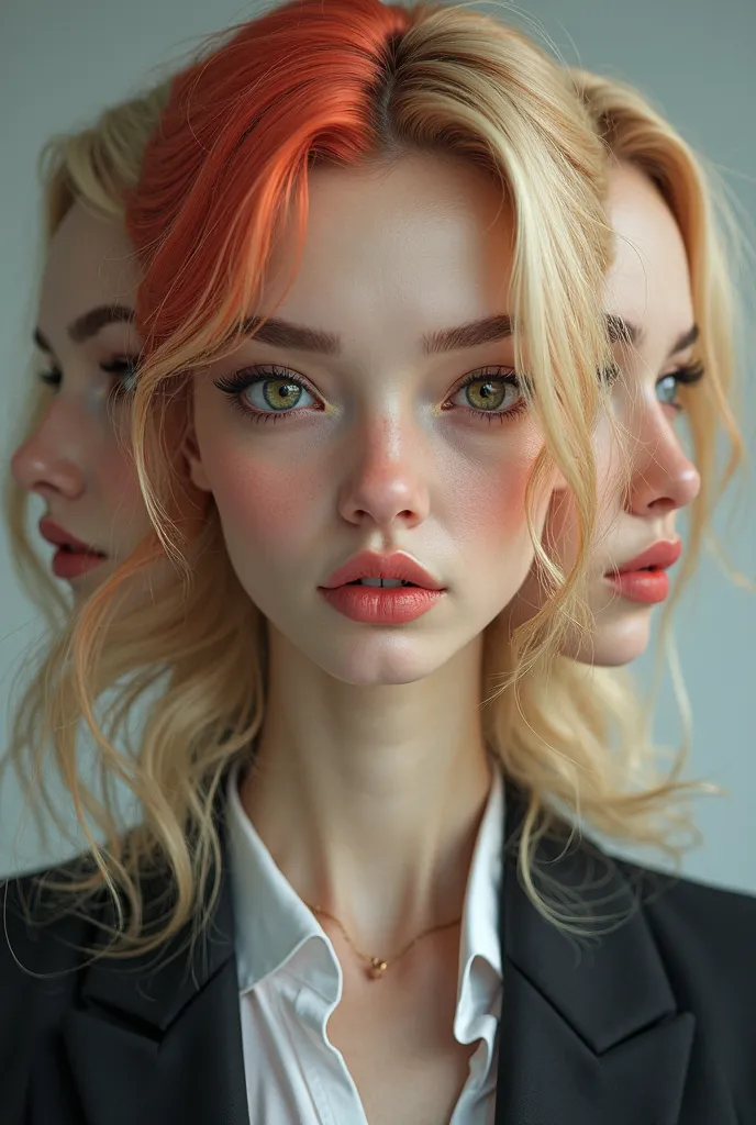 (((3heads))),**Render**: full body, girl, woman, 1 person, feminine face, (((Dressed like an office worker))), blonde hair, red hair, medium hair, cute face, morena, detailed skin, A detailed eye, Rendering in highly detailed 4K resolution,