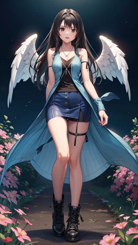 (masterpiece, High Resolution, Top Quality, Top Quality),Anatomically Correct Body,Rinoa,arm warmers, necklace, sleeveless coat, black shirt, blue skirt, arm ribbon, bike shorts, boots,Angel Wings,Flower Field,:d,face focus