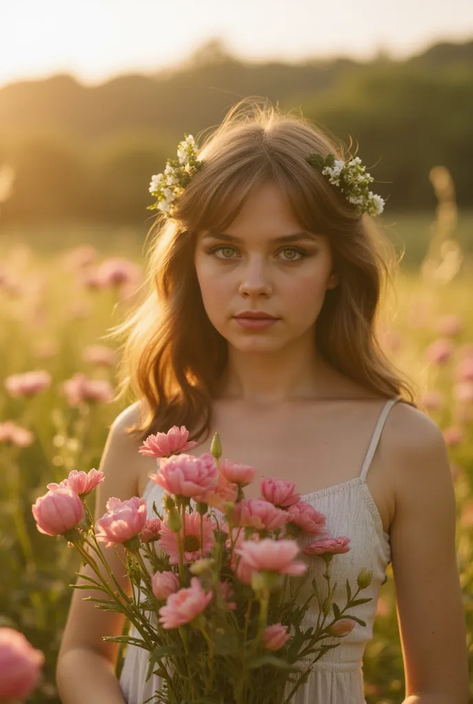 Closeup,Youthful maddison beer,walking through field of flowers, holding flowers in arms,misty sunset,simple  summer dress,Sunny gardens, apple blossom,Catwalk model, skinny,Hailee steinfeld,bright catwalk,Natalie dormer, Ethereal,Portrait,Closeup, portrai...