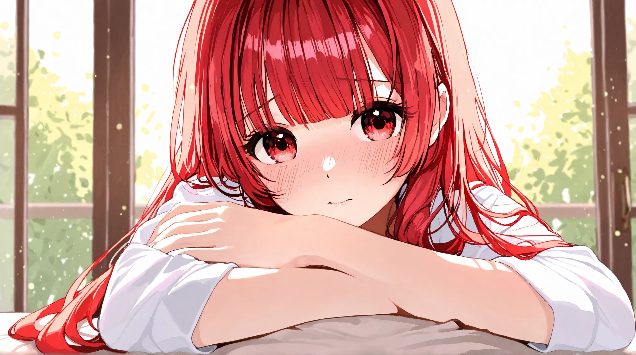  1girl ,red hair, red eyes,High Resolution, 걸작, quality,  redhead, straight bangs,shy,cherryblossom,spring
