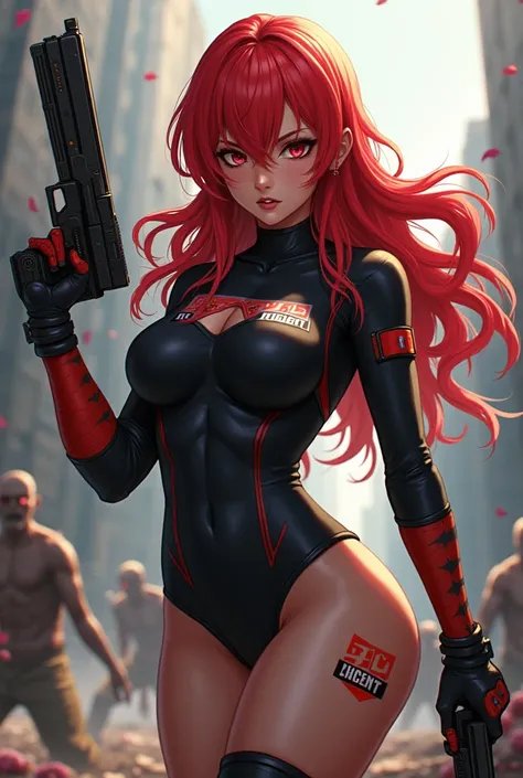 long red hair, full sexy body , anime cute badass girl, holding two guns, zombie apocalypse theme with zombie and TIRA background logo everywhere, visible big name tag MAYUMI XIENT on shirt, 