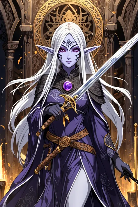 Mask, In the Style of Frieren Anime, A Portrait of a mysterious Drow wizard girl wearing a full-face-covering-mask, She wears an ancient rune-etched-full-face-mask, her eyes deep wells of black, She has rivers of white long Silken hair flow out the back of...