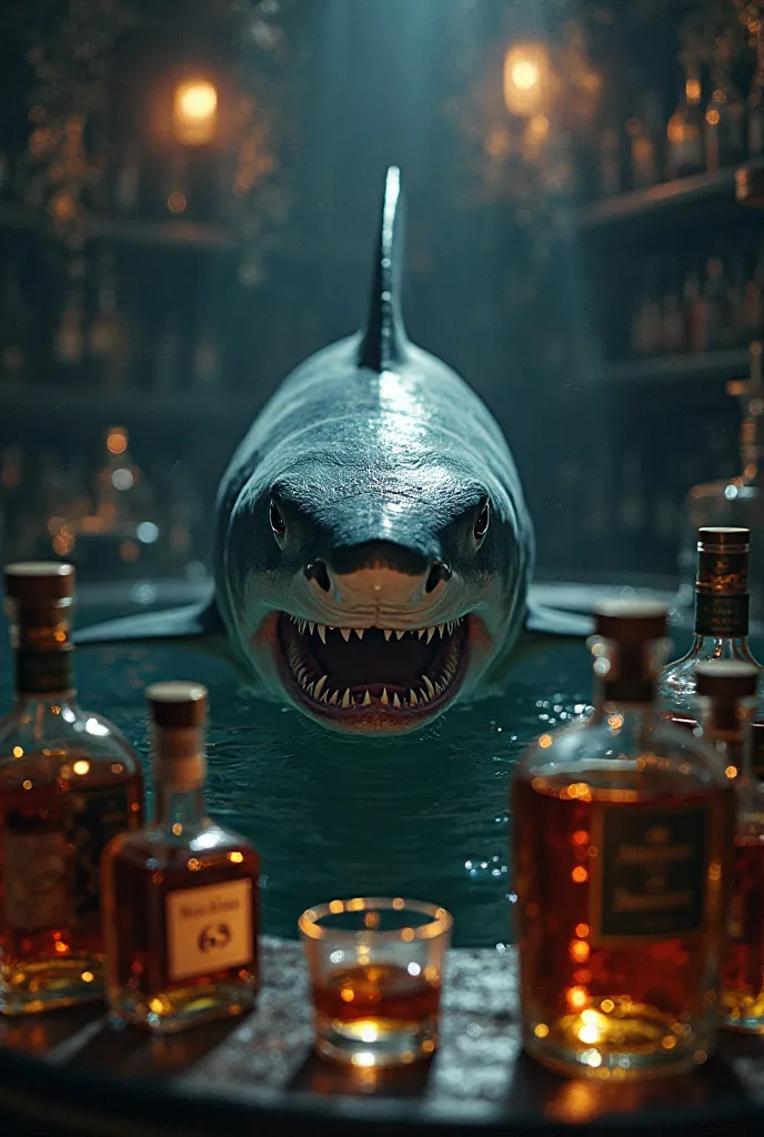 A shark surrounded by whiskey and wine