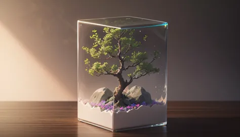 しだれ梅 in acrylic cube, Details Weeping Plum Tree, realistic, Blooming flowers々, Bushes green, Intricate petals, soft pastel color, Delicate branches,  natural light, acrylic cube, Graceful composition, photorealistic, 8k, High Resolution, Studio Lighting, P...