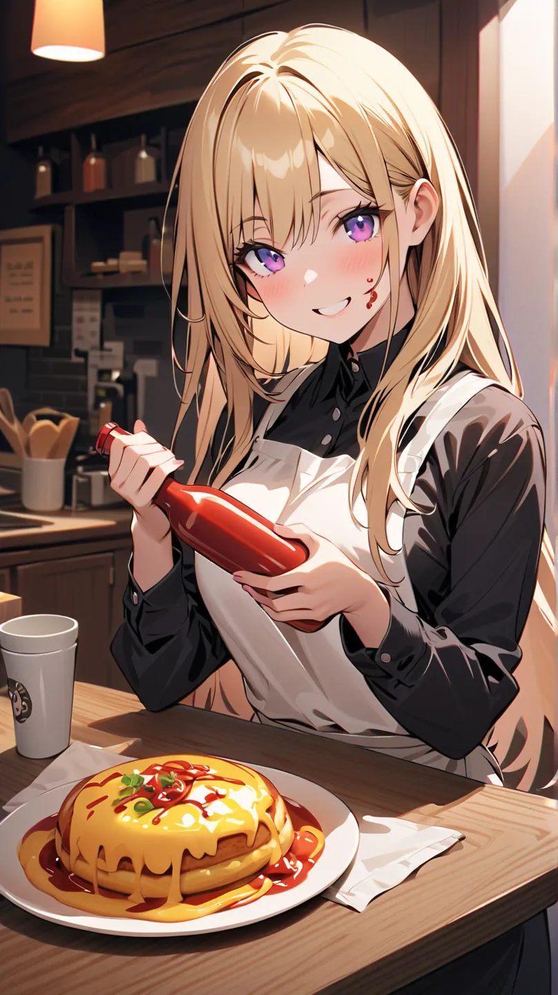 1 girl, alone, solo,
((Top Quality、High Resolution、highly detailed 8K wallpaper))

purple eyes, long hair,blonde hair,medium boobs, Adult women ,mature,

Wear plain clothes and an apron、putting ketchup on the omelette。she has a happy smile、holding a ketchu...